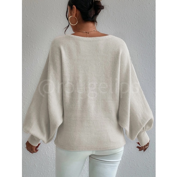 Knit Graphic Pullover Sweater Dirty Beige Grey Bishop Sleeve - Picture 5 of 10